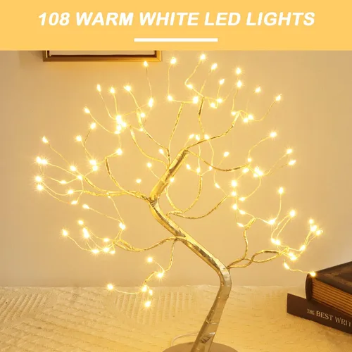 Vista 3 de Árbol de luces de hadas con 108 luces LED parpadeantes, árbol de hadas, lámpara de árbol de espíritu, funciona con batería/USB, función