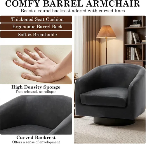 Vista 5 de Silla Giratoria de Acento de Cuero Sintético con Base de Madera, Sillas de Barril Tapizadas Modernas para Sala de Estar, Cómodo Sillón Redondo Sofá