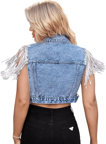 Vista 4 de SweatyRocks Chaqueta vaquera sin mangas con botones y flecos para mujer