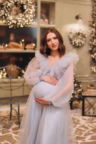 Vista 4 de Vestido de maternidad con volantes de tul para sesión de fotos, manga larga, cuello en V, baby shower, lencería de embarazo