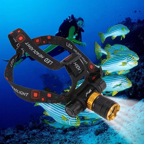 Vista 5 de Linterna frontal LED recargable, 5000 lúmenes, luz LED brillante para buceo, con 5 modos de luz, IPX8 de rotación de 180°, linterna submarina