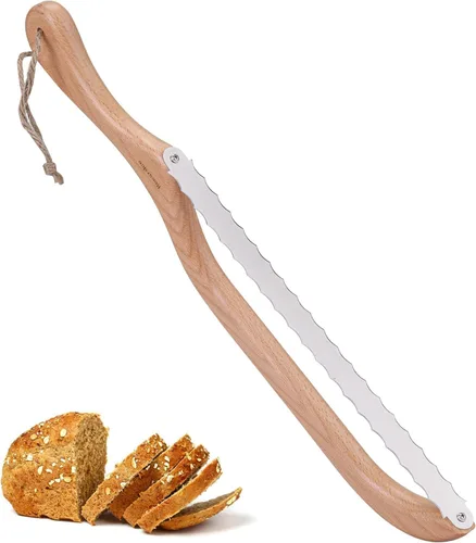 Vista 8 de Cortador de pan de arco premium, cuchillo de pan de masa madre con mango de bambú de 15.6 pulgadas, hoja dentada de acero inoxidable de grado