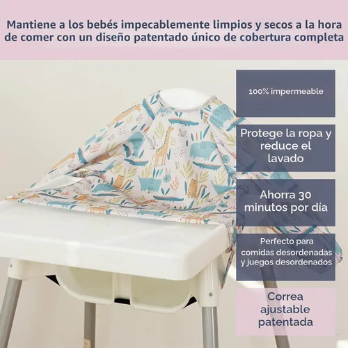Vista 2 de Babero de Manga Larga para Bebé - Baberos a Prueba de Desastres para Bebés - Ajustable, Impermeable y con Accesorio para Silla/Mesa Alta Elefante