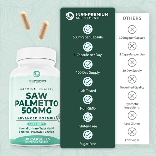 Vista 7 de Saw Palmetto Premium 500 mg para hombres y mujeres – Extracto de palma enana americana de máxima fuerza y suplemento en cápsulas en polvo – Apoya