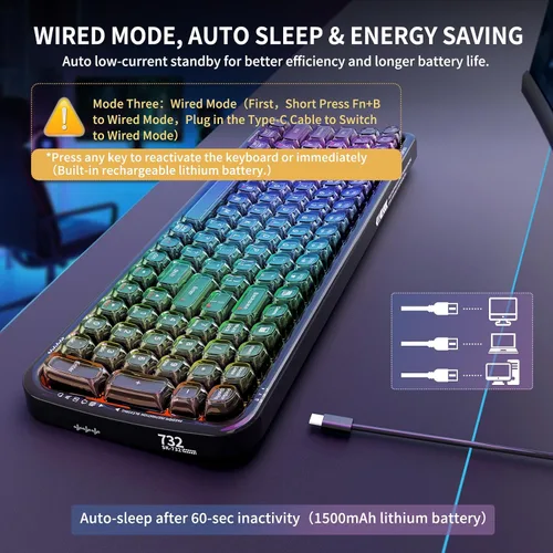 Vista 4 de FOPETT Teclado inalámbrico para computadora con retroiluminación RGB, Bluetooth 5.0/USB-C/2.4 GHz, teclado ergonómico para juegos, tapa transparente