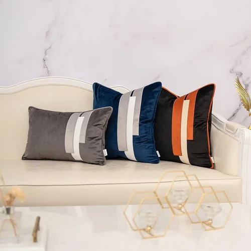 Vista 6 de Yangest Funda de Almohada Decorativa de Terciopelo Negro con Rayas Patchwork, Funda de Cojín Moderna de 18x18 Pulgadas para Sofá, Sillón