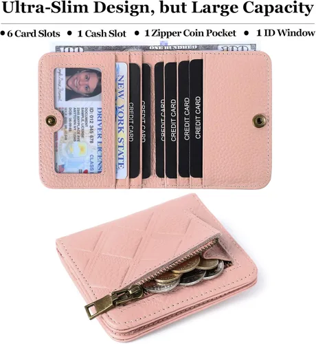 Vista 2 de Billetera para mujer, con bloqueo RFID, pequeña, compacta, plegable, de piel auténtica, con bolsillo, mini carteras para mujeres