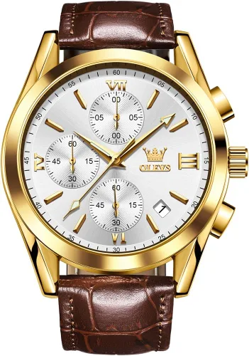 Vista 17 de OLEVS Watch for Men Chronograph Brown Leather Analog Quartz Fashion Business Dress Large Face Men Watch Day Date Luminous Waterproof Casual Male