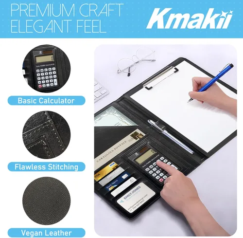 Vista 6 de KMAKII Carpeta Portafolio con Calculadora de Piel Sintética con Portapapeles Tamaño A4 para Entrevista de Negocios y Currículum - Negro