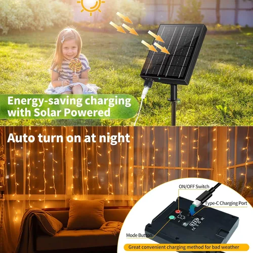 Vista 3 de Luces solares de carámbano impermeables para exteriores, 82 pies, 660 LED, luces de Navidad para exteriores con control remoto, luces LED