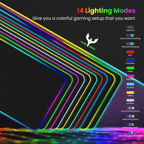 Vista 2 de Alfombrilla de mouse RGB extra grande para juegos, 14 modos de luz, alfombrilla de mouse LED suave extendida, base de goma antideslizante