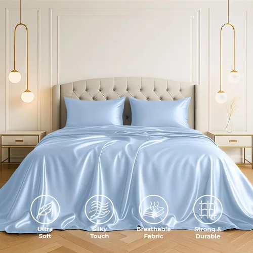 Vista 2 de Pure Bedding Sábanas de satén de lujo para cama individual de hotel, juego de sábanas de microfibra extra suave de 1800, resistente a las arrugas, a