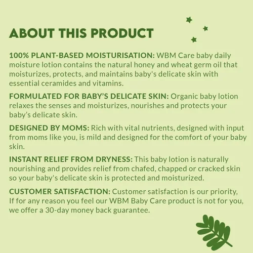 Vista 5 de WBM Care Baby Lotion Nutre y protege profundamente Loción facial y corporal con miel natural y aceite de germen de trigo, 6.8 onzas