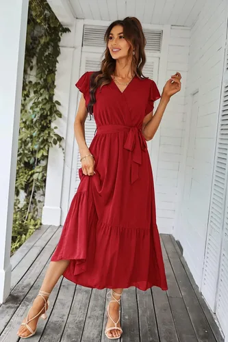 Vista 6 de PRETTYGARDEN - Vestido floral para mujer estilo bohemio, cruzado, con cuello en V, manga corta, con cinturón, dobladillo con volantes, acampanado