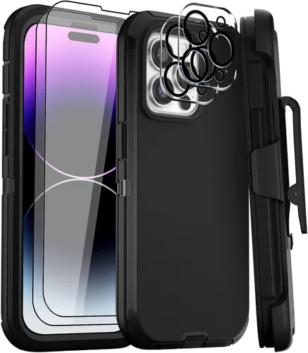 Vista 9 de Funda para iPhone 14 Pro Max de 6.7 pulgadas con clip para cinturón con 2 protectores de pantalla, 2 protectores de lente de cámara, cubierta