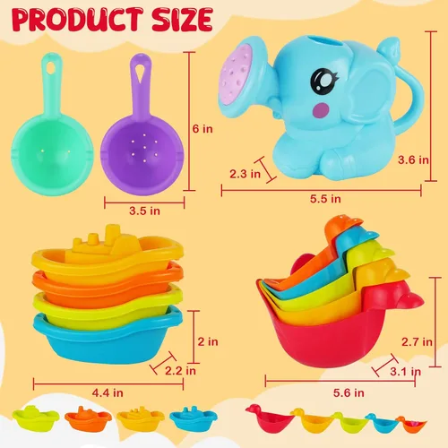 Vista 2 de Juguetes de baño para bebés para niños, 12 juguetes de baño sin moho para niños pequeños con botes flotantes, regadera, patos flotantes y cucharas