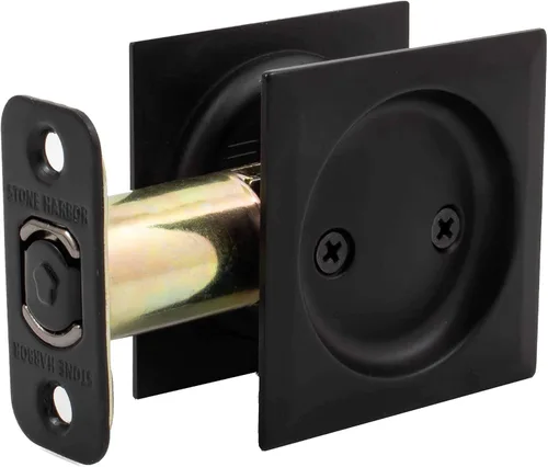 Vista 4 de Stone Harbor Hardware Cerradura de puerta de bolsillo cuadrada contemporánea, función de paso, fondo de 2-3/8", negro mate