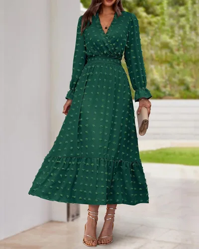 Vista 2 de BTFBM Vestidos de otoño 2023 para mujer, manga larga, cuello en V, lunares suizos, vestido largo bohemio, vestido largo de cintura alta, vestido
