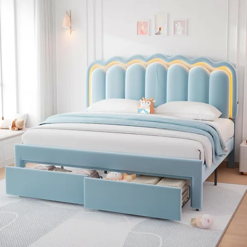 Vista 18 de Marco de cama LED tapizado individual con cajón de almacenamiento y cabecera doble ondulada ajustable, cama de plataforma de terciopelo