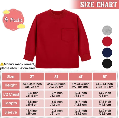 Vista 2 de Cooraby Paquete de 4 camisas térmicas de manga larga para niños pequeños, de algodón, con bolsillo, cuello redondo