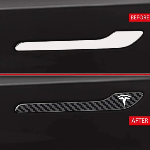 Vista 4 de IPG Kit de 4 calcomanías para manija de puerta de Tesla Model 3/Model Y (juego de 4) con logotipo de Tesla (fibra de carbono negra)