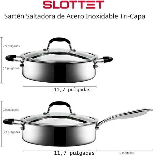 Vista 7 de SLOTTET Sartén de acero inoxidable de tres capas con tapa, sartén profunda de 5 cuartos de galón con cómodo mango de silicona, sartén de 11.5