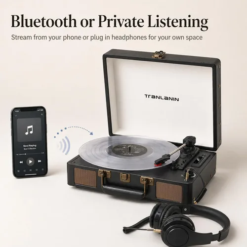 Vista 3 de Reproductor de discos de vinilo con altavoces integrados, tocadiscos de entrada Bluetooth de 3 velocidades, grabación y reproducción USB/TF