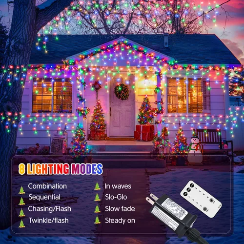 Vista 4 de JMEXSUSS 400 luces LED de Navidad de carámbano de 38.8 pies con control remoto, tira de luces multicolor para exteriores enchufables, 8 modos