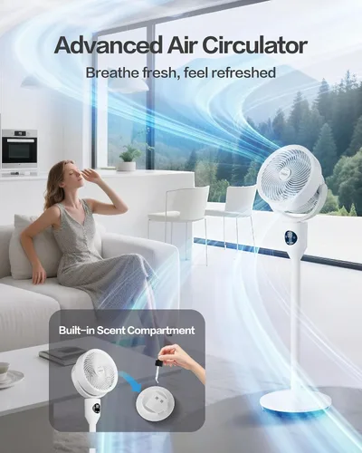Vista 3 de Candy - Ventilador de pie para dormitorio, ventilador de pedestal ajustable en 3 alturas con control remoto, ventilador de piso oscilante de 90°, 8