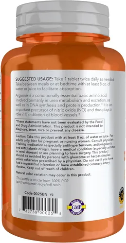 Vista 3 de Now Foods Sports Nutrition, L-Arginina Doble Fuerza 1000 mg, Precursor de Óxido Nítrico, Aminoácidos, 60 Tabletas