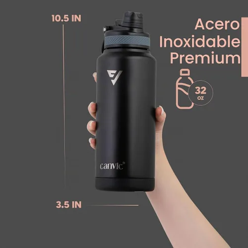 Vista 3 de Canvic DualSip - Botella de agua de acero inoxidable aislada al vacío de 32 onzas, 2 tapas a prueba de fugas (pajilla y pico), boca ancha, sin BPA