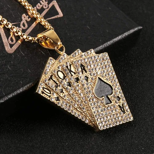 Vista 5 de AsAlways Hip Hop Rock Playing Card Poker CZ Pendant Good Luck Royal Flush Ace of Spade Stainless Steel Necklace