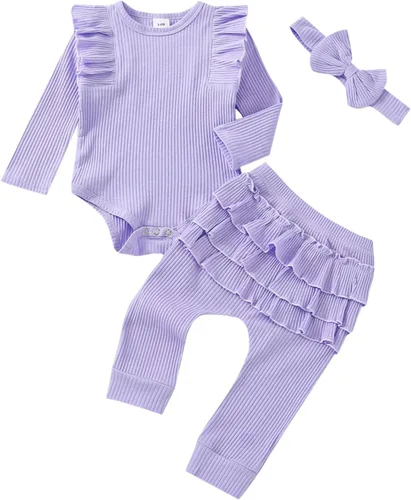 Vista 9 de Ropa de bebé para niña recién nacida, conjunto de trajes de otoño e invierno, mameluco de manga larga con volantes acanalados, juego de 3 piezas