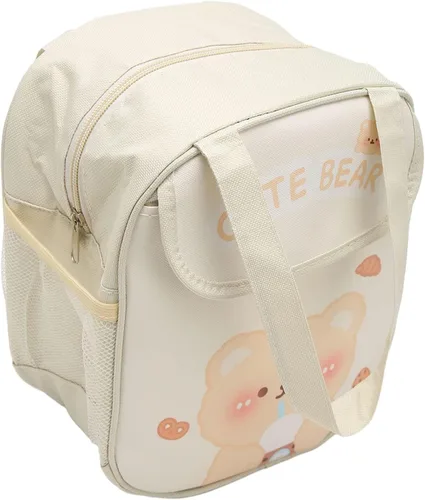 Vista 3 de TOPINCN Lonchera gruesa de gran capacidad, bonitas bolsas de almuerzo con patrón de dibujos animados con asa para picnic (oso de té con leche beige)