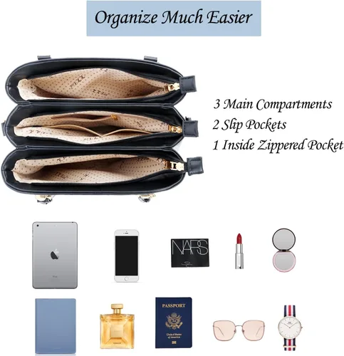 Vista 7 de KKXIU Bolsos tipo satchel para mujer con asa, bolsos de hombro y carteras con bolsillos y cremallera, bolsos cruzados de cuero