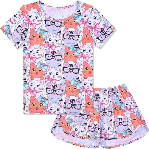 Vista 23 de QPANCY Pijamas de verano para niñas, conjuntos de pijamas de manga corta para dormir de verano