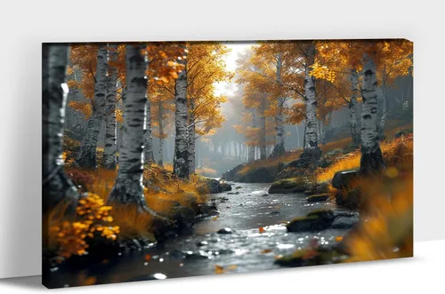 Vista 19 de UZMKM Lienzo decorativo de abedul para pared, pintura de bosque otoñal, imagen panorámica de paisaje, vista de la naturaleza amarilla, obra de arte