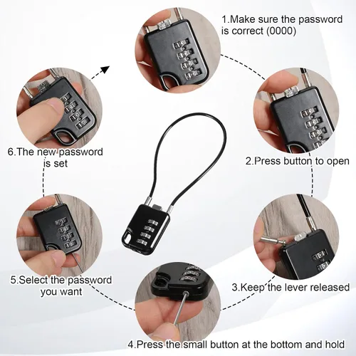 Vista 4 de 2 candados de combinación de 4 dígitos de diseño compacto reiniciables con cable de 7 pulgadas de largo, cables de acero inoxidable duraderos