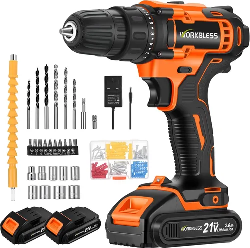 Vista 11 de WORKBLESS Juego de Taladro Eléctrico de 21V, Taladro Inalámbrico con Batería y Cargador, Portabrocas sin Llave de 3/8'', Velocidad Variable