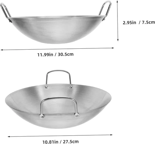 Vista 2 de DOITOOL Wok de acero inoxidable, sartén antiadherente de 11 pulgadas de doble mango wok utensilios de cocina de cocina