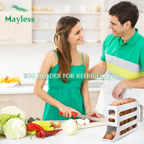 Vista 2 de Soporte para huevos con ruedas automáticas para refrigerador, estante organizador de refrigerador (blanco)