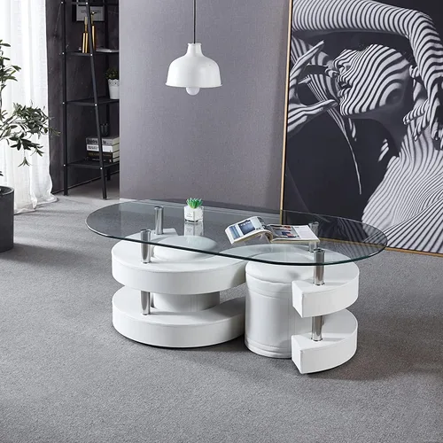 Vista 3 de Juego de mesa auxiliar contemporánea, mesa de centro ovalada de vidrio con base en forma de S y 2 taburetes de piel sintética, mesa de centro