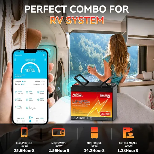 Vista 8 de Batería de litio LiFePO4 de 12 V 100 Ah con Bluetooth, BMS integrado, protección a baja temperatura, más de 5000 ciclos, celdas de batería
