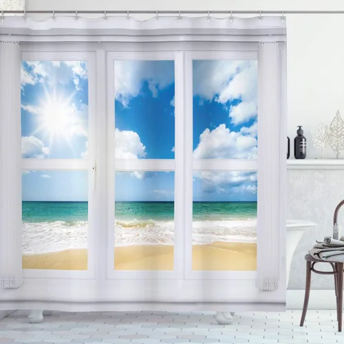 Vista 59 de Ambesonne Cortina de ducha retro, diseño clásico de rayas verticales, imagen, imagen antigua, obra de arte, juego de decoración de baño de tela