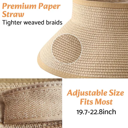 Vista 6 de NPQQUAN Sun Visor Hats for Women Wide Brim Ponytail Straw Beach Hat Packable Foldable UPF 50+ Floppy Travel Hats