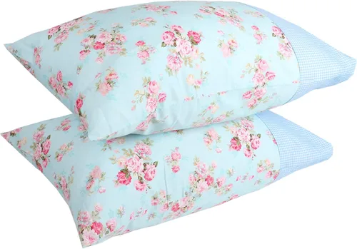 Vista 5 de Paquete de 2 fundas de almohada de algodón para cabello y piel, diseño a cuadros azules y estampado floral, tamaño Queen, súper suaves y acogedoras 3