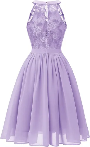 Vista 4 de Vestido de encaje con cuello halter para mujer, sin mangas, acampanado, vestido de cóctel de gasa, vintage, vestido de baile por debajo de la rodilla