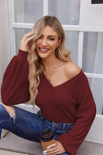 Vista 2 de HOTOUCH Women's Long Sleeve Tops V Neck Lantern Sleeve Blouse Dressy Casual Ribbed Knit Tunics Loose Fit Fall Shirts 2023