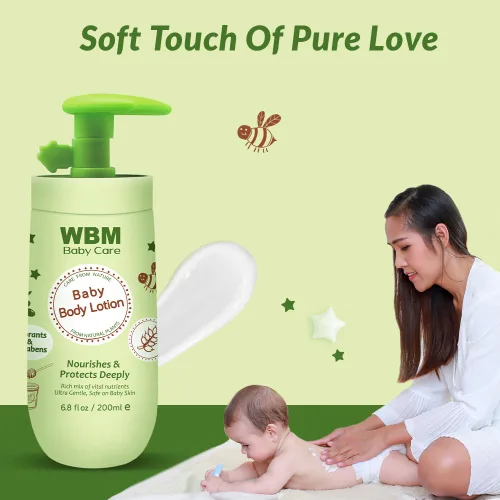 Vista 5 de WBM Care Baby Lotion Loción nutritiva para rostro y cuerpo enriquecida con miel natural y aceite de germen de trigo, suave y segura