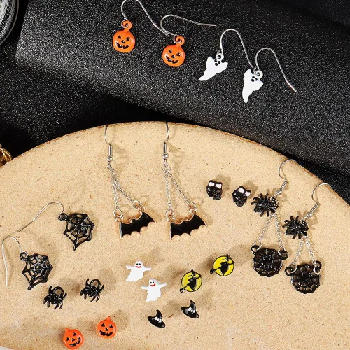 Vista 4 de 20 pares de aretes de Halloween para mujer, aretes colgantes de calabaza, araña, gato negro, para niñas, fiesta de Halloween